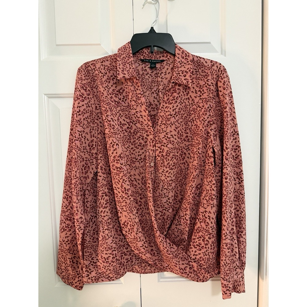 ZAC & RACHEL Pink Leopard Print Long Sleeve Button Up Blouse Curve Under size L